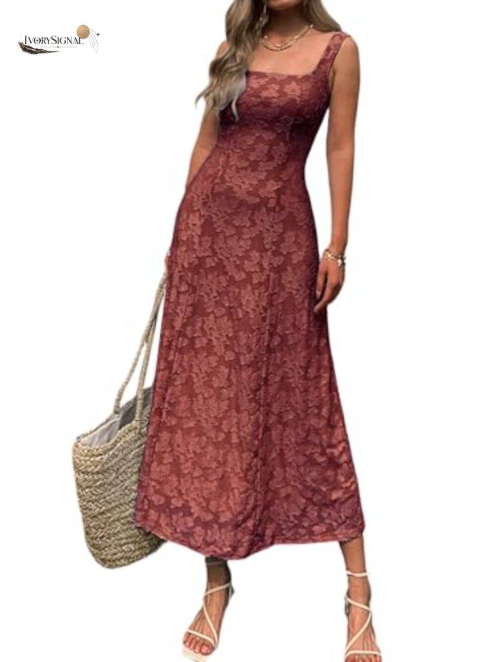 Floral Jacquard Maxi Dress Square Neck Sleeveless A-Line Fitted Bodice Flowy